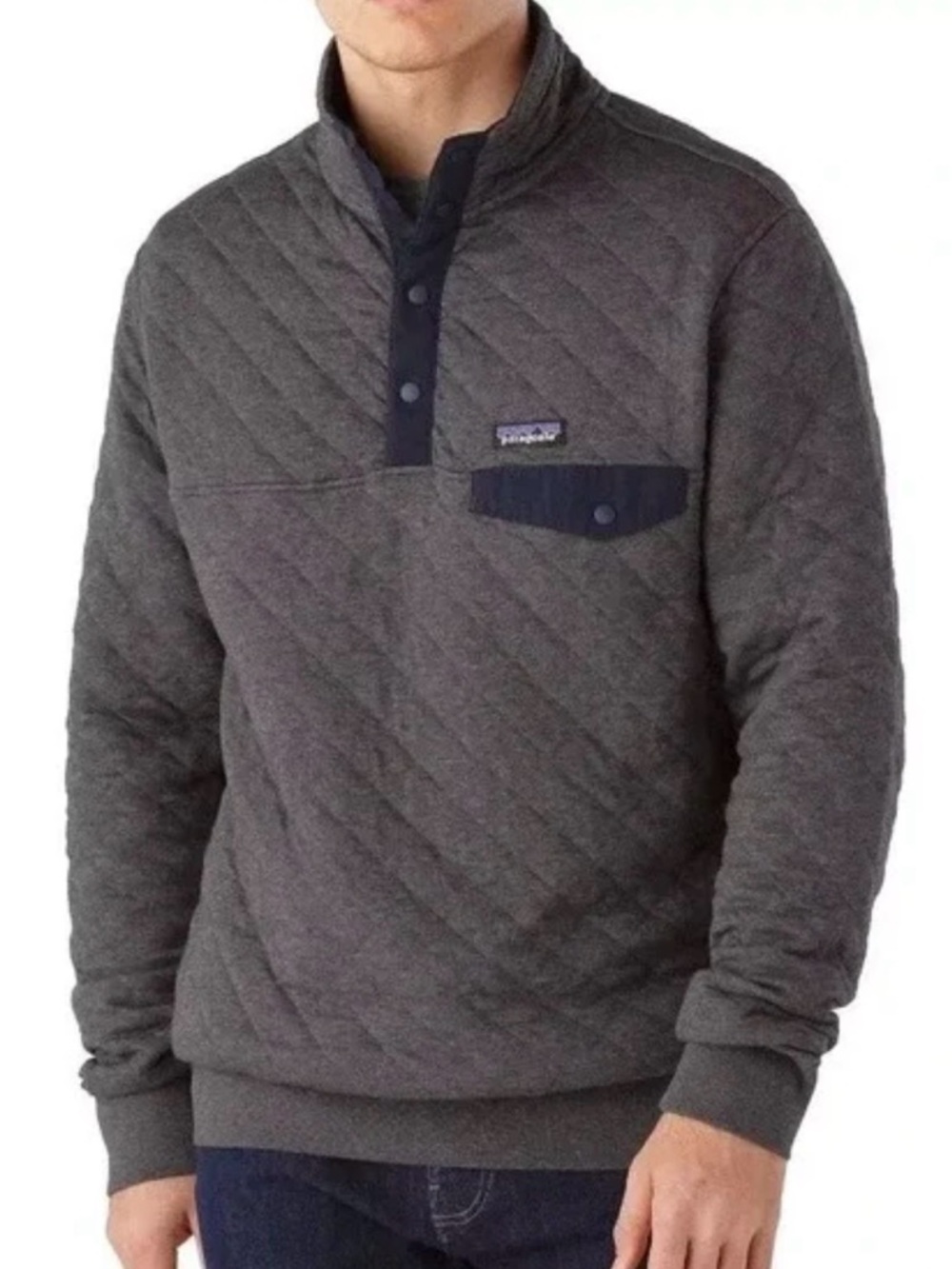 Patagonia Gray Quilted Pullover with Navy Trim and Chest Pocket